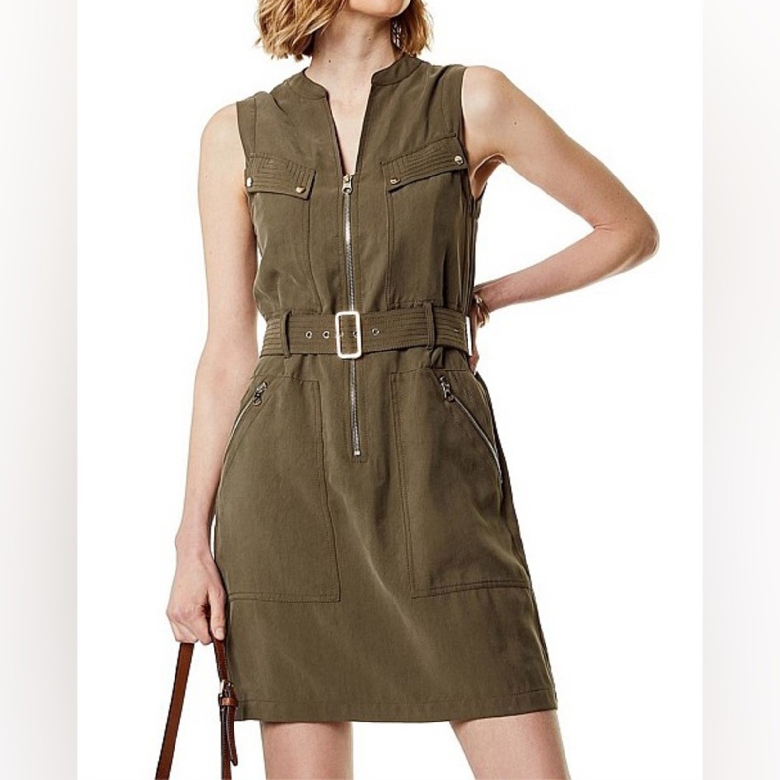 Karen Millen Belted Sleeveless Utility Dress in Khaki Green – Size 8
