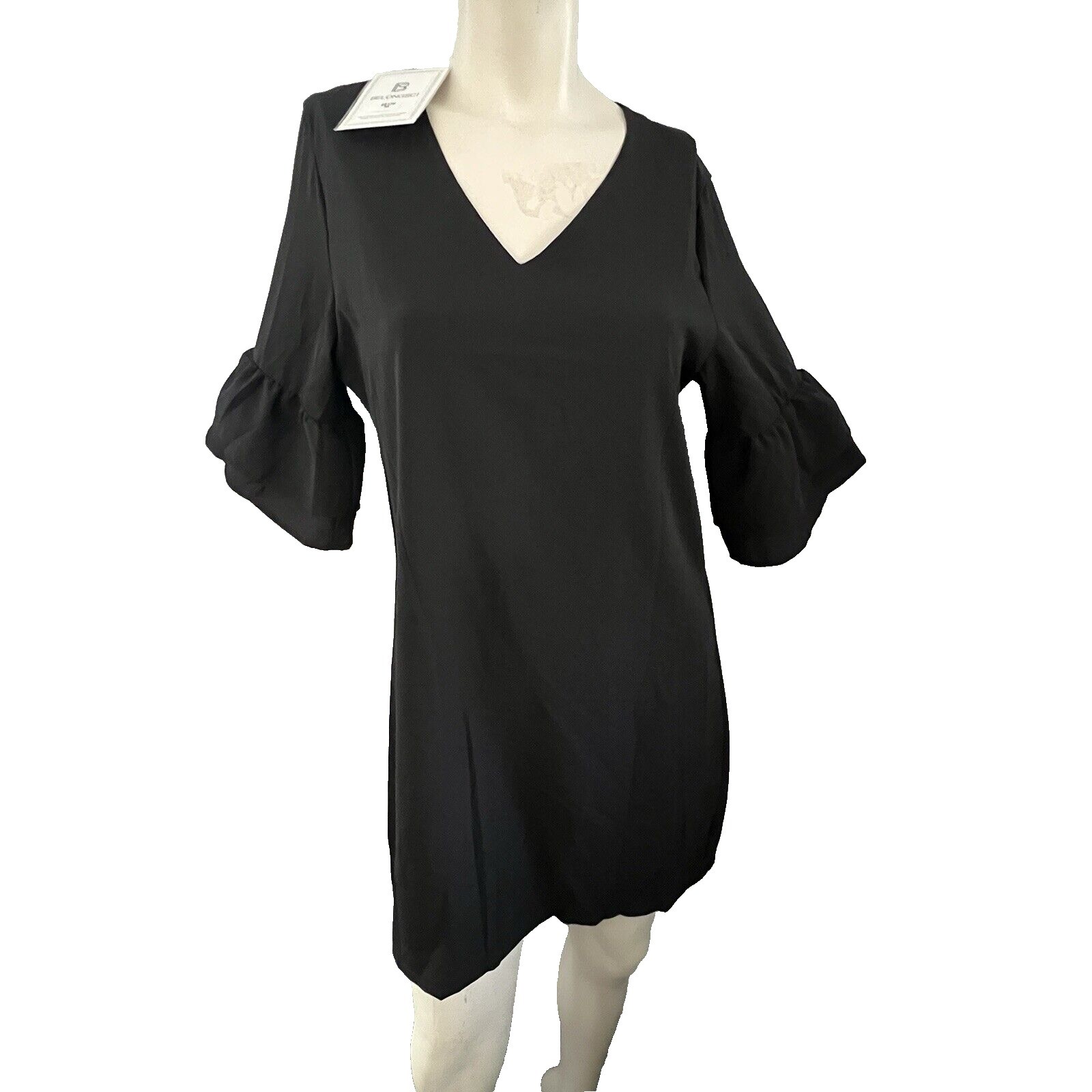 New Belongsci Womens Mini Dress M Black Bell Sleeve Boho Minimalist Chic Modest