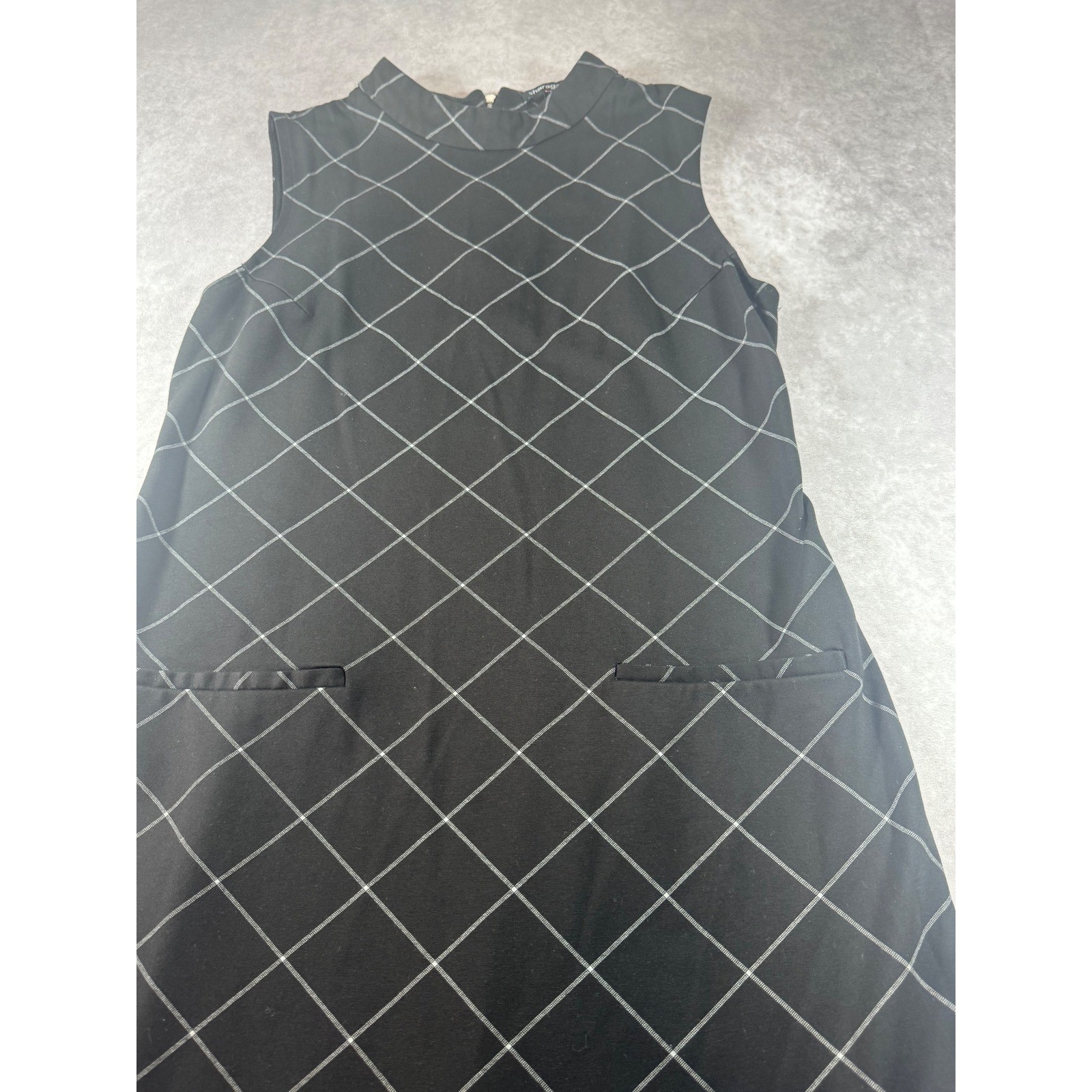 Sharagano Womens Black White Grid Windowpane Mock Neck Shift Dress Size 12