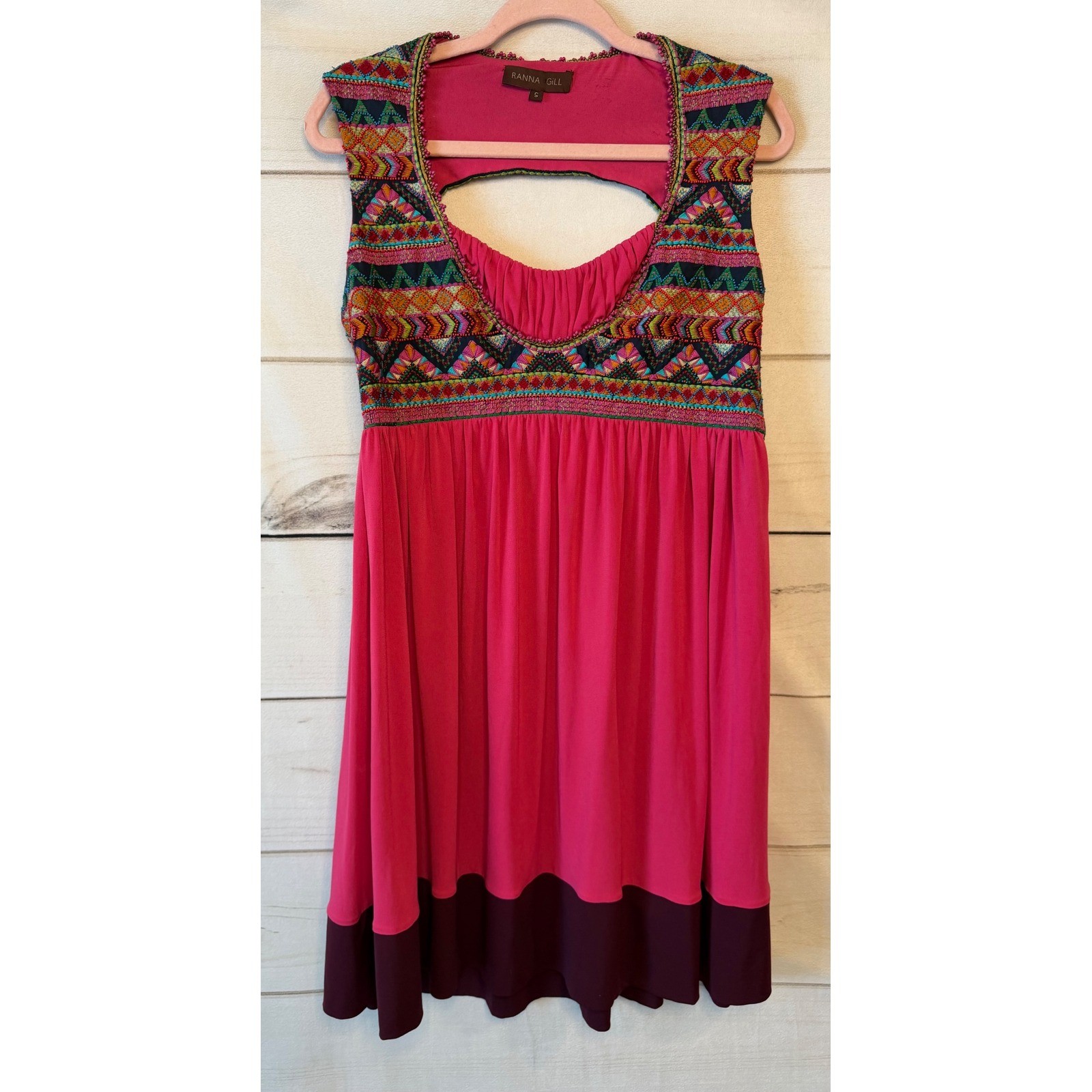 Ranna Gill Pink Embroidered Beaded Open Back Mini Dress Small Boho Tribal Hem