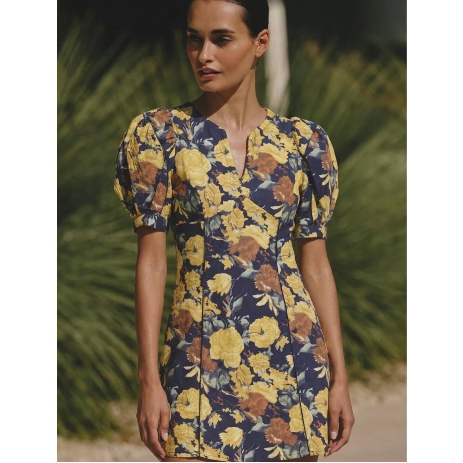 Sea New York Ella Puff Sleeve Dress Size 10 Cotton V-Neck Yellow Navy Mini