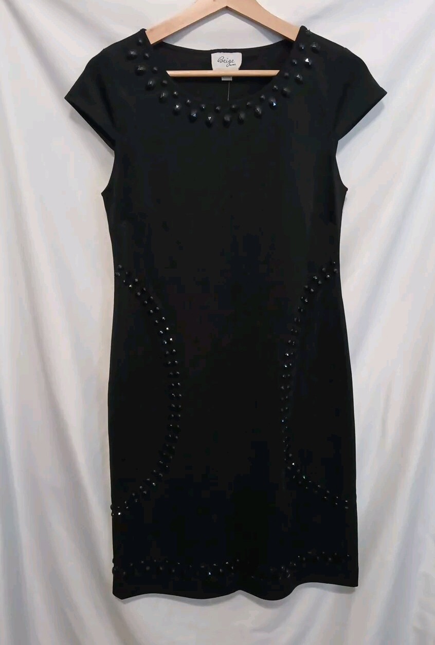 BEIGE Sheath Dress Sz 4 Black Beaded Cap Sleeve Pullover