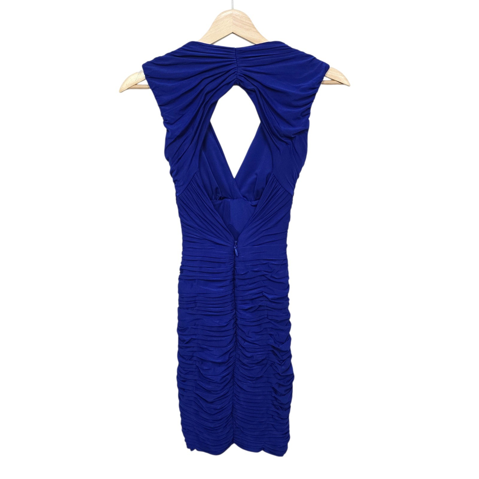 BCBGMAXAZRIA Royal Blue Ruched V Neck Edesa Bodycon Mini Dress Size XXS