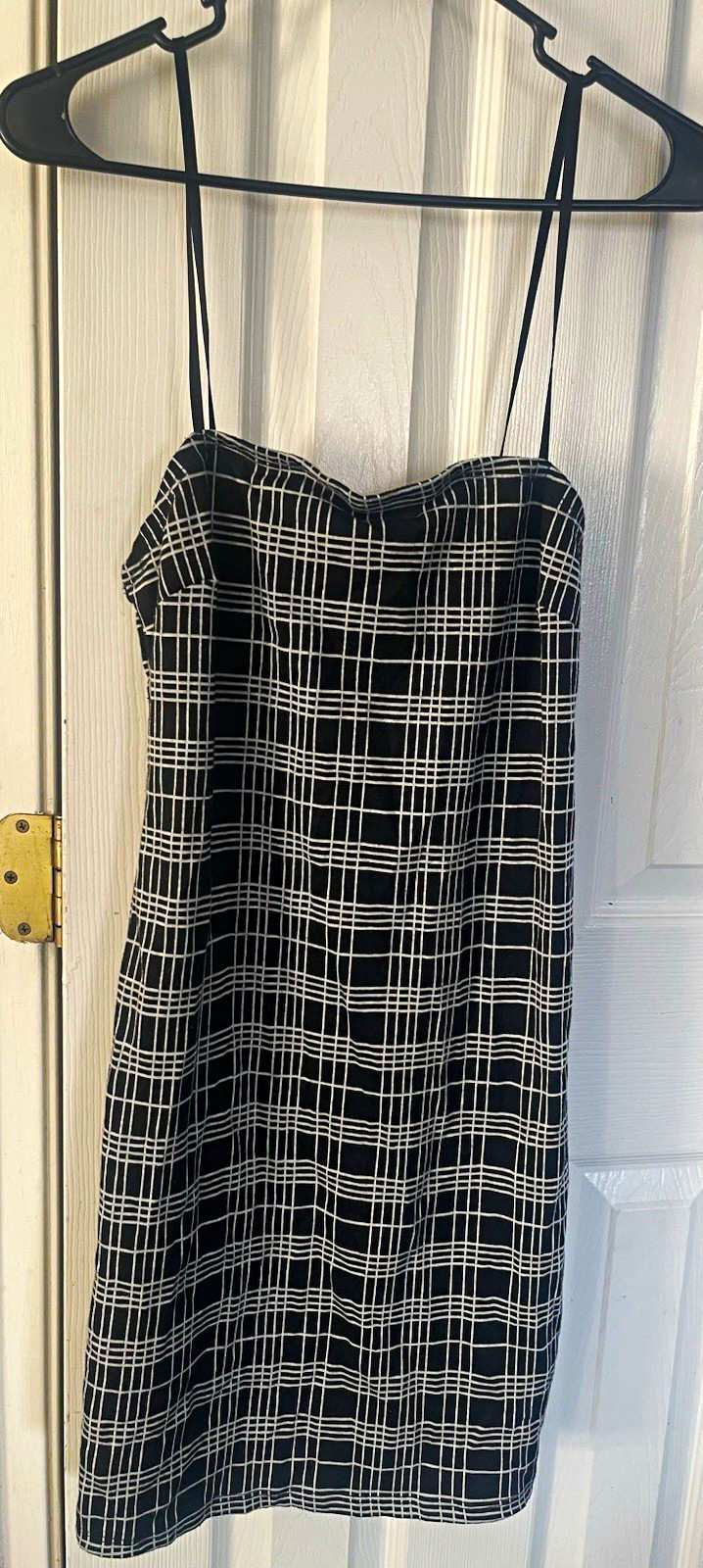 Women’s Black White Plaid Sweetheart Strappy Mini Slip Dress, Size L Spandex