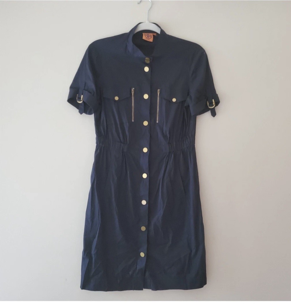 Tory Burch Navy Cotton Blend Shirtdress Dress with Gold Tone Snap Buttons Size 6