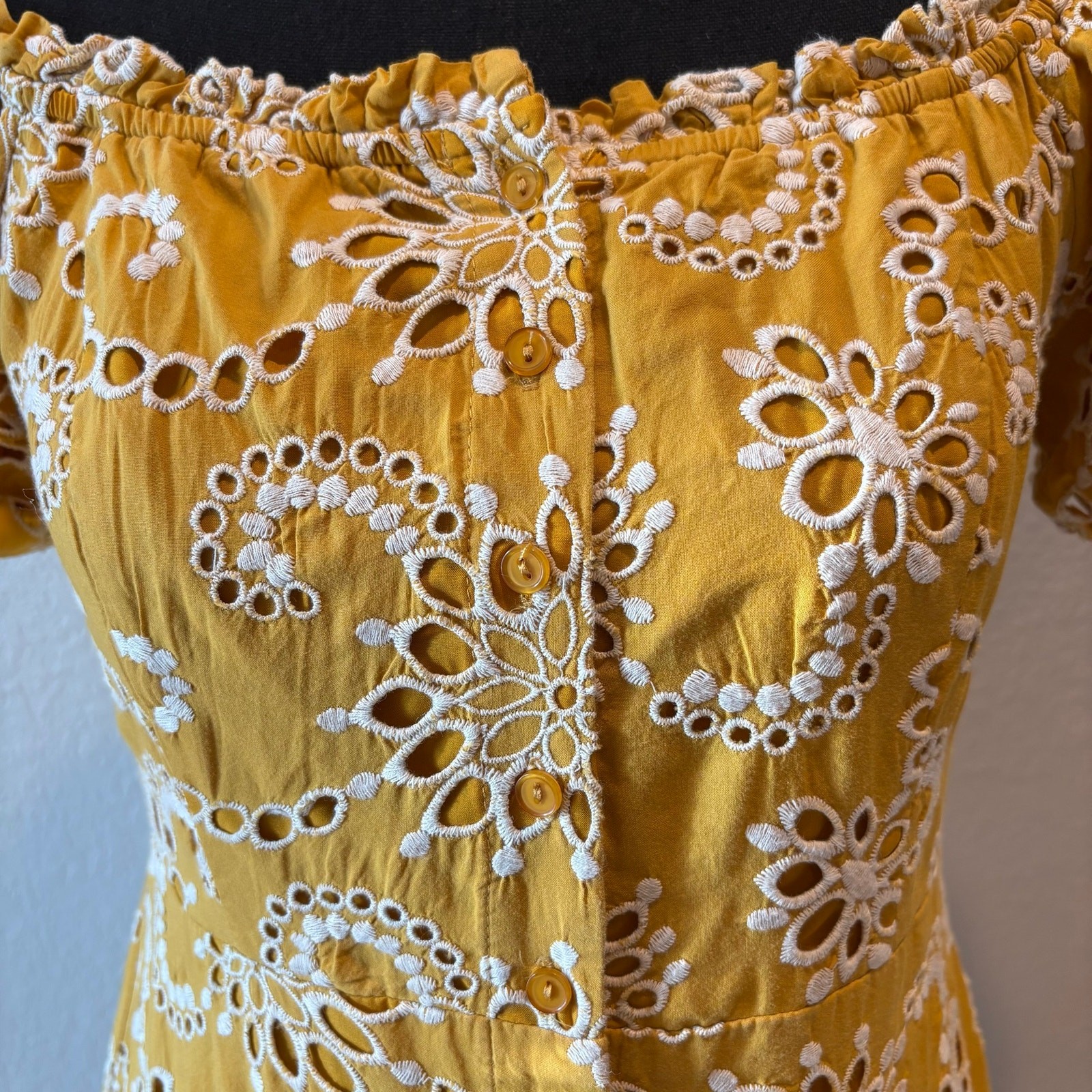 FLORET STUDIOS Floral Embroidery Eyelets Full Button-Down Midi Dress Mustard SzL