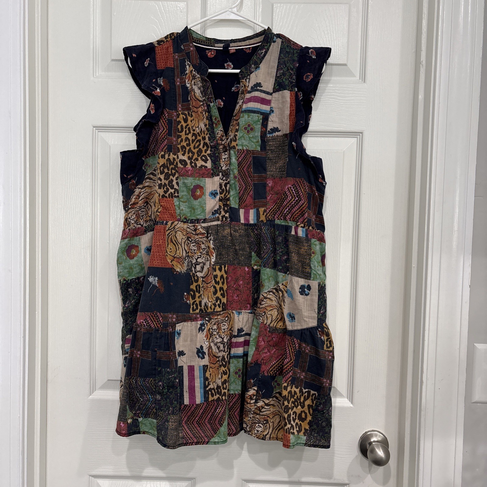 Pilcro Anthropologie Henley Patchwork Mini Dress Boho Festival Size M Petite