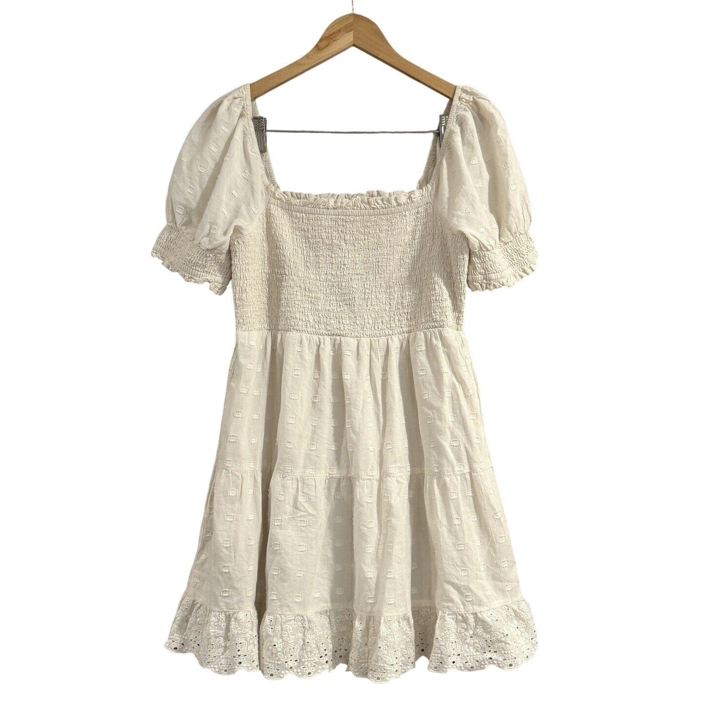 American Eagle White Smocked Eyelet Mini Dress Puff Sleeve Cotton Cream Medium