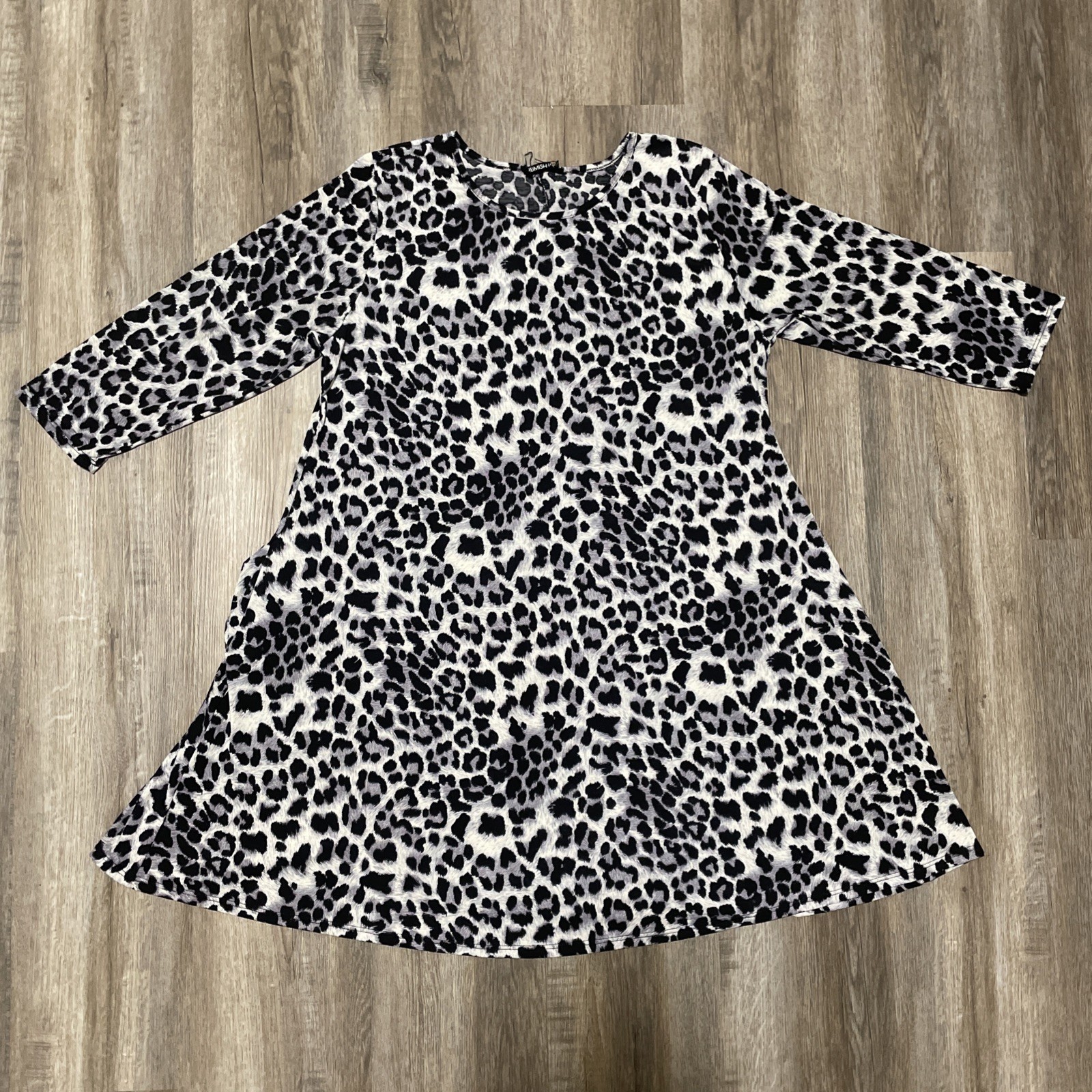 Heimish USA Womens XL Plus Leopard Dress 3/4 Sleeve A Line Gray Black Stretch