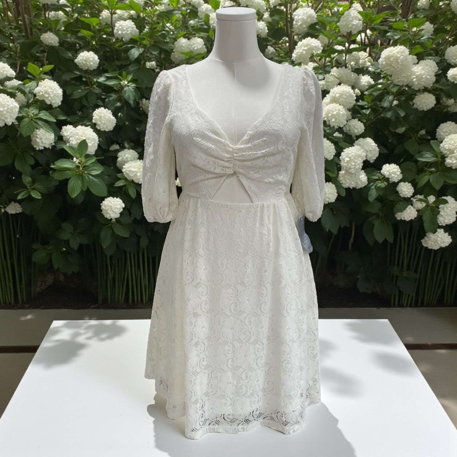 NSR Ivory Lace Puff Sleeve Cutout Mini Dress Romantic Coquette Cottagecore M
