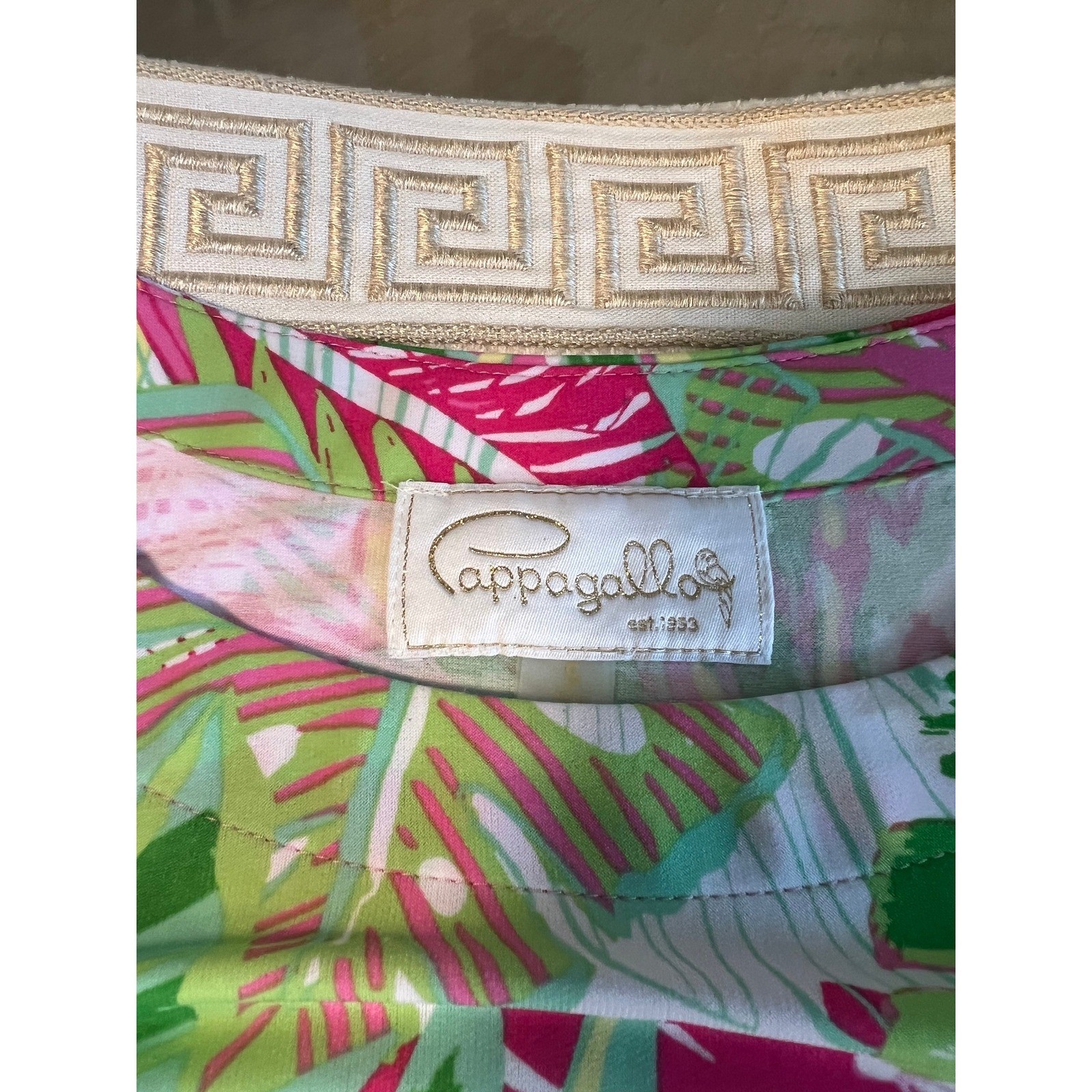 Pappagallo Pink Green Tropical Palm Leaf Ruffle Sleeve Shift Dress Knee Length