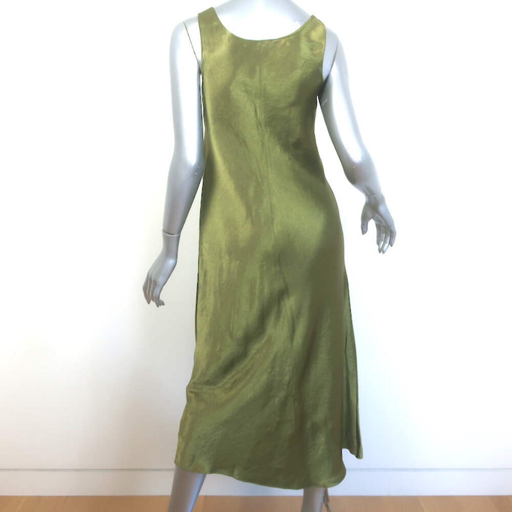 Vince Sleeveless Midi Dress Green Crinkled Satin Size Extra Small