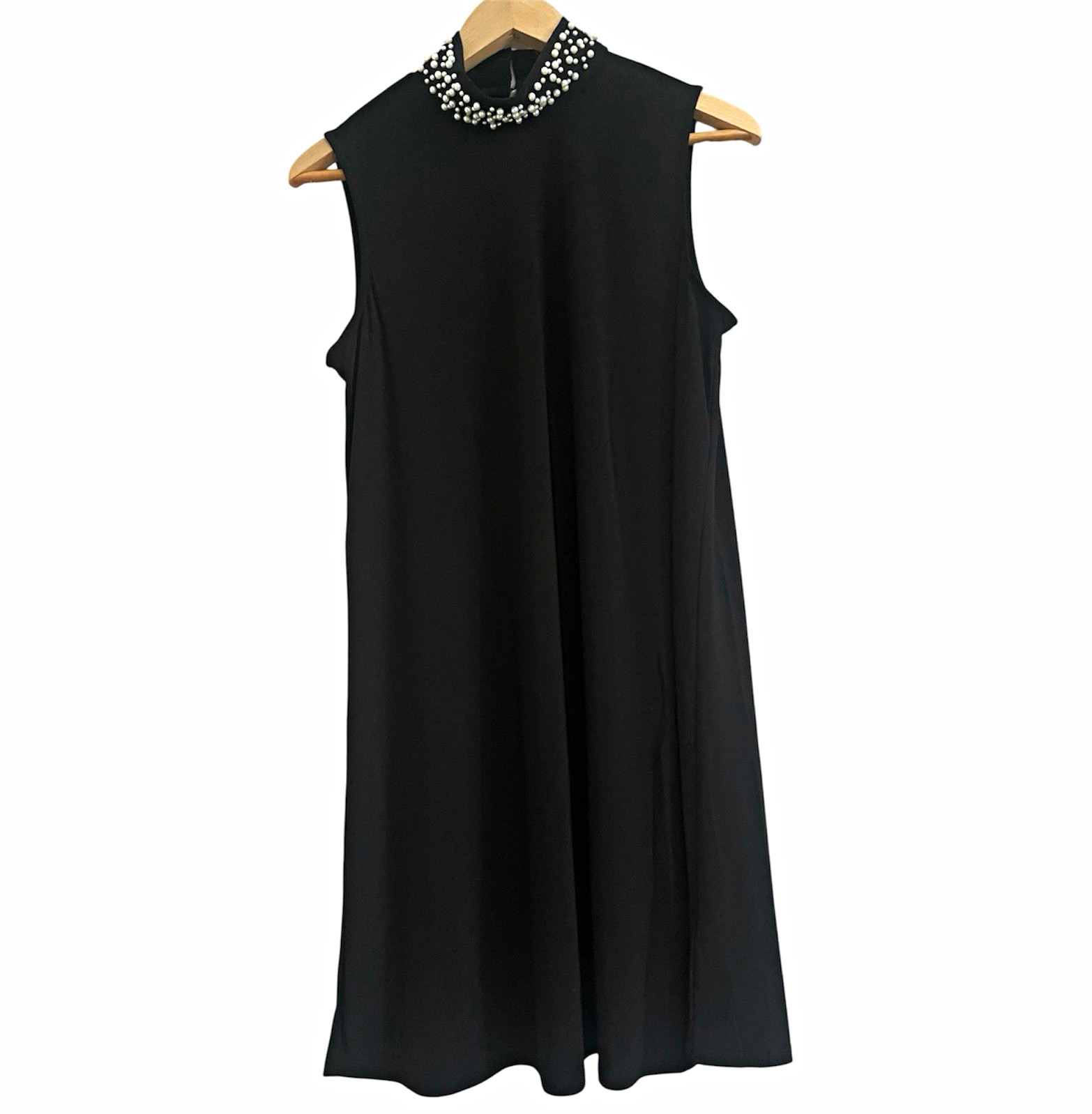 Sami & Jo Black Knit Stretch Shift Dress Beaded High Neck Sleeveless M