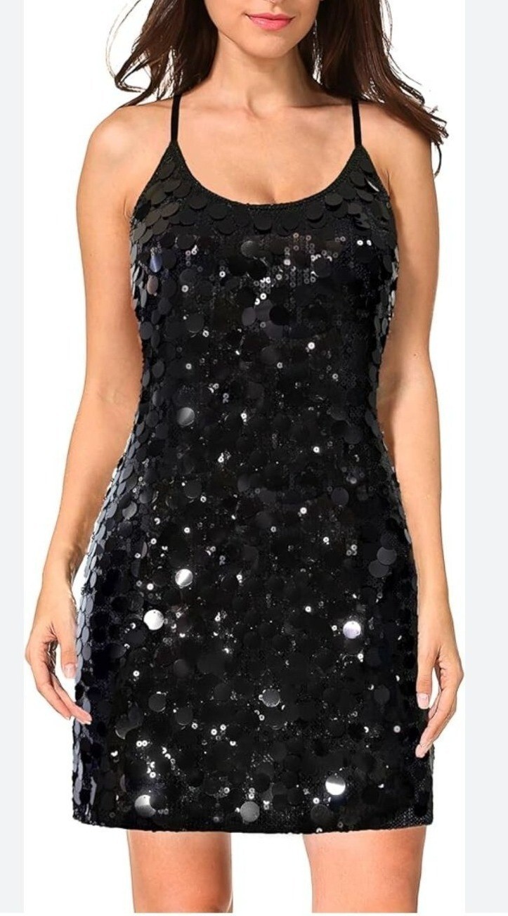 Maner Womens Glitter Sequin Dress Adjustable Spaghetti Straps Size Large Party