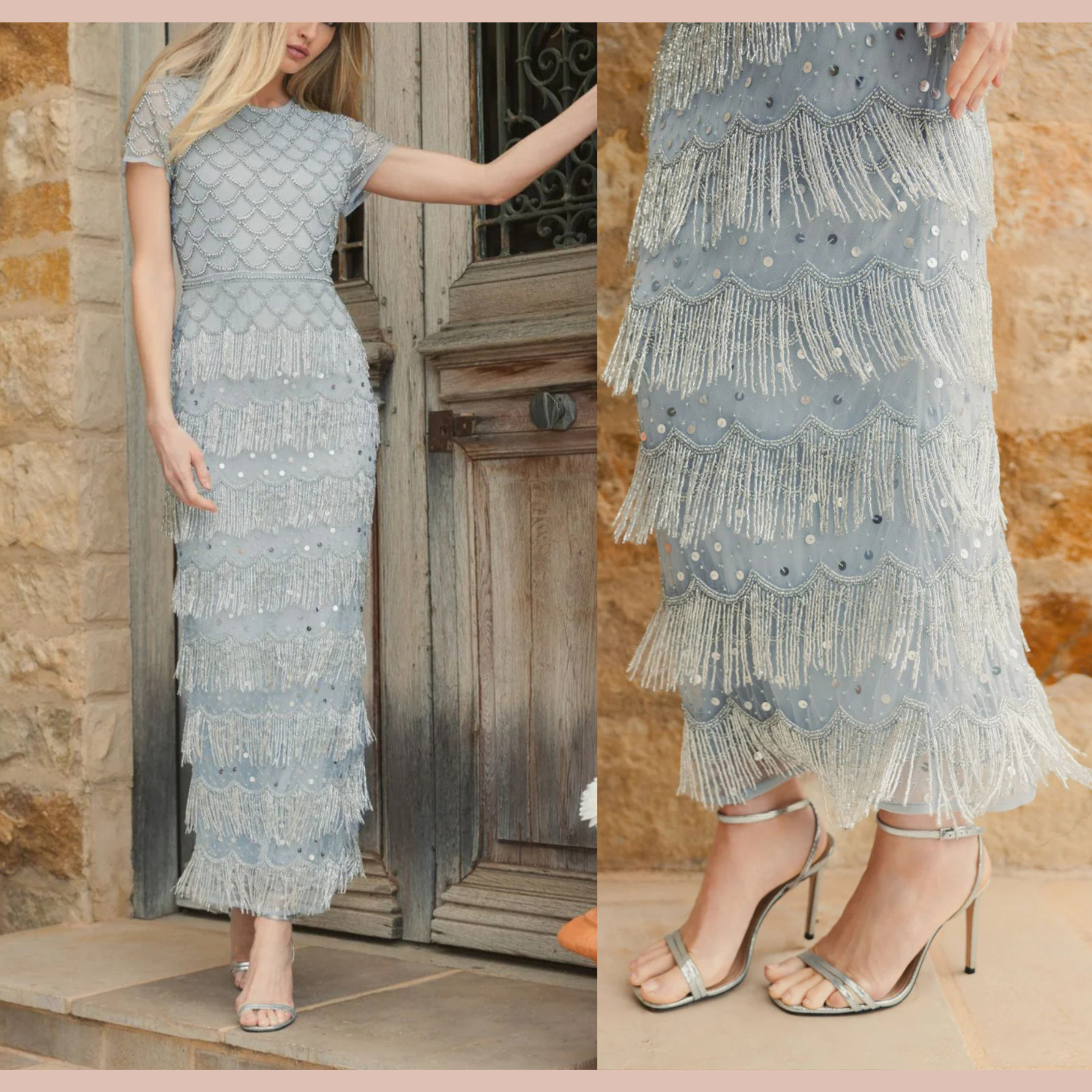 NWT Mac Duggal [ 6 ] 94077 Fringe Embellished Mesh Ankle Length Dress Gown J2379