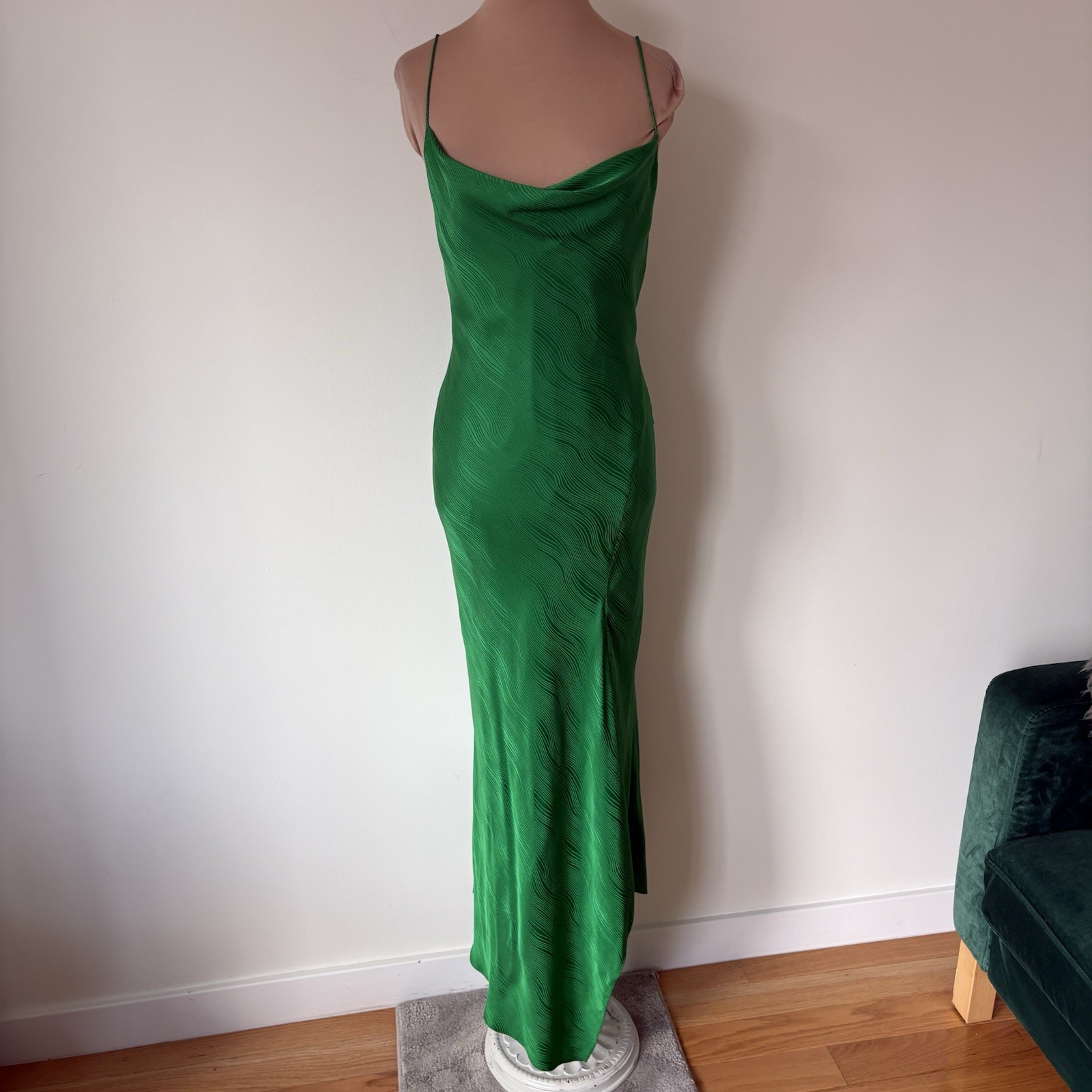 Alice + Olivia Harmony Emerald Green Silk Cowl Neck Asymmetric Midi Dress EUC 4