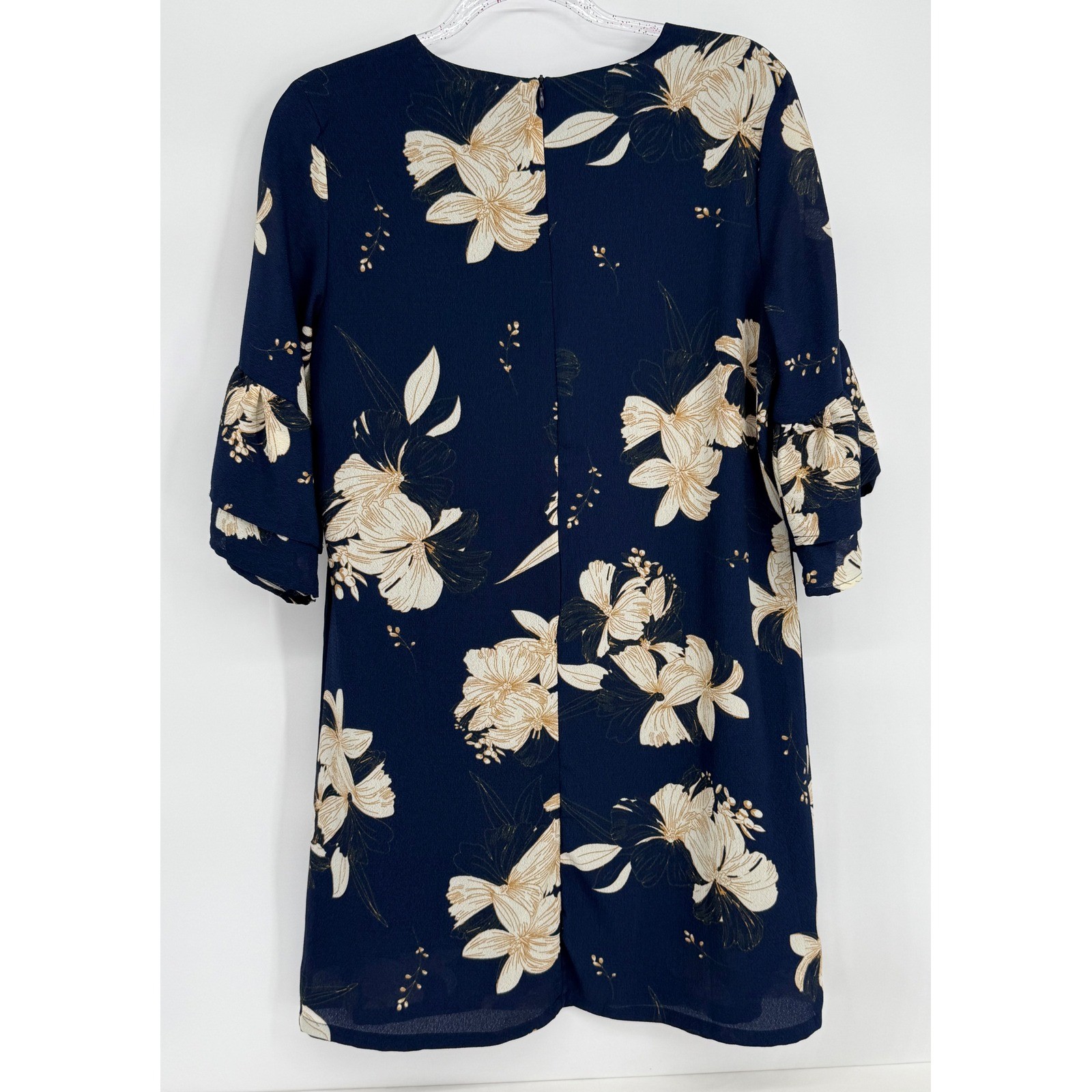 Belongsci Womens Navy Blue Floral V-Neck Bell Sleeve Shift Dress Sz M