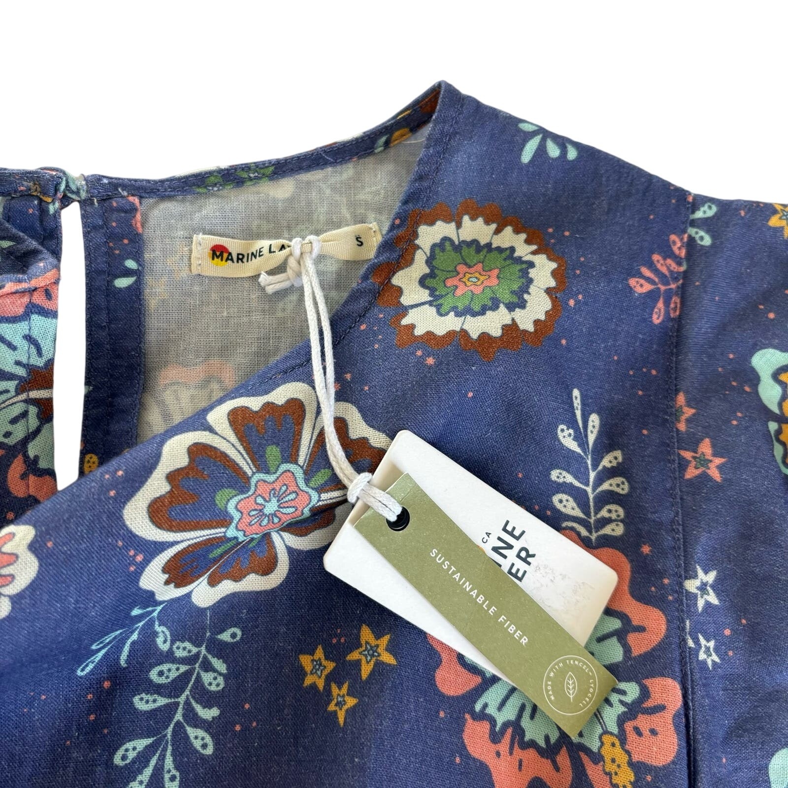 Marine Layer Laney Linen Blend Blue Mini Dress Marlin Hibiscus Floral Boho Small