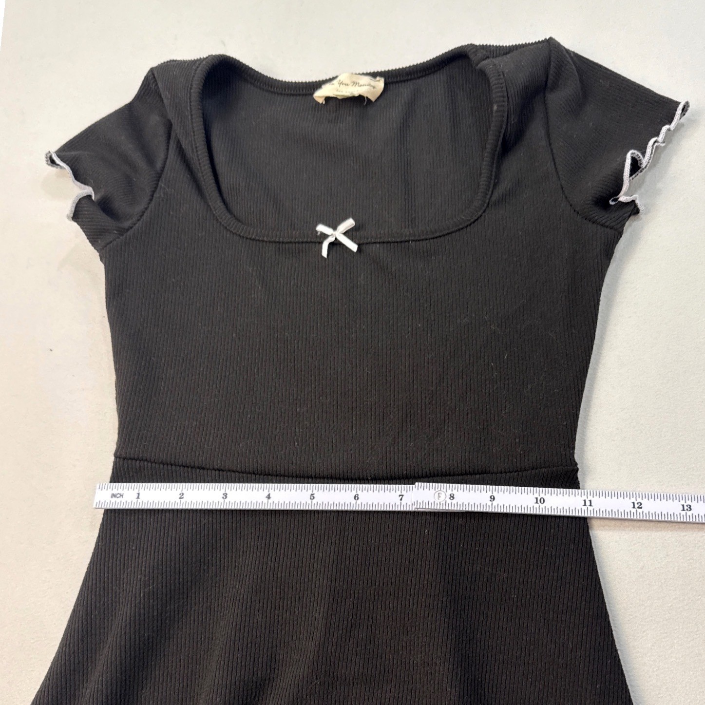 See You Monday Black Ribbed Skater Dress XS Square Neck Bow Lettuce Edge D8731