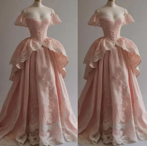 Vintage Prom Dresses Strapless Sweetheart Pink Lace-up Satin Lace Evening Gowns