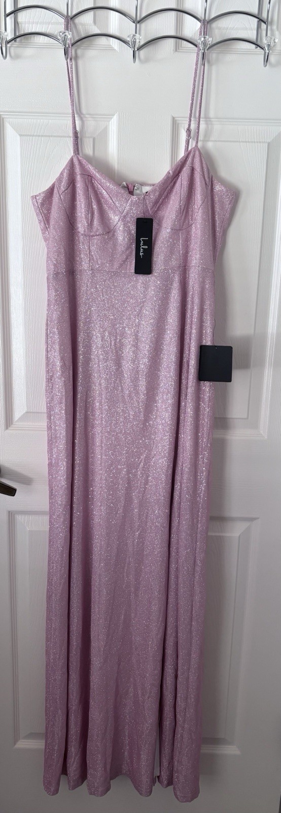 Lulu’s MADE WITH LOVE Sparkle PINK Maxi Dress Size L Glamour Cutout Metallic NWT