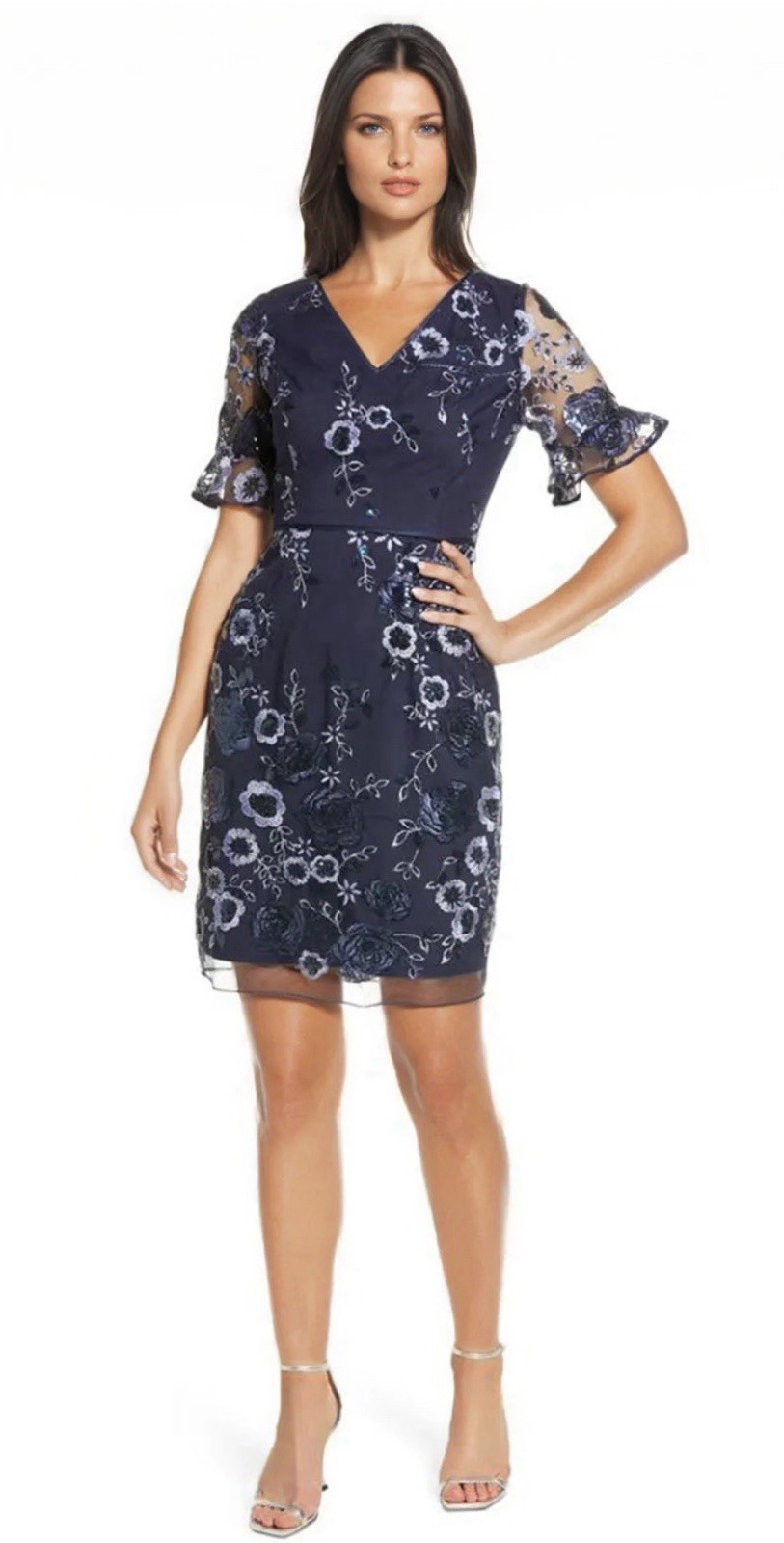 SHANI Navy Floral Embroidered Sequin Mesh Sheath Knee Dress SS V-Neck 8 S-2221