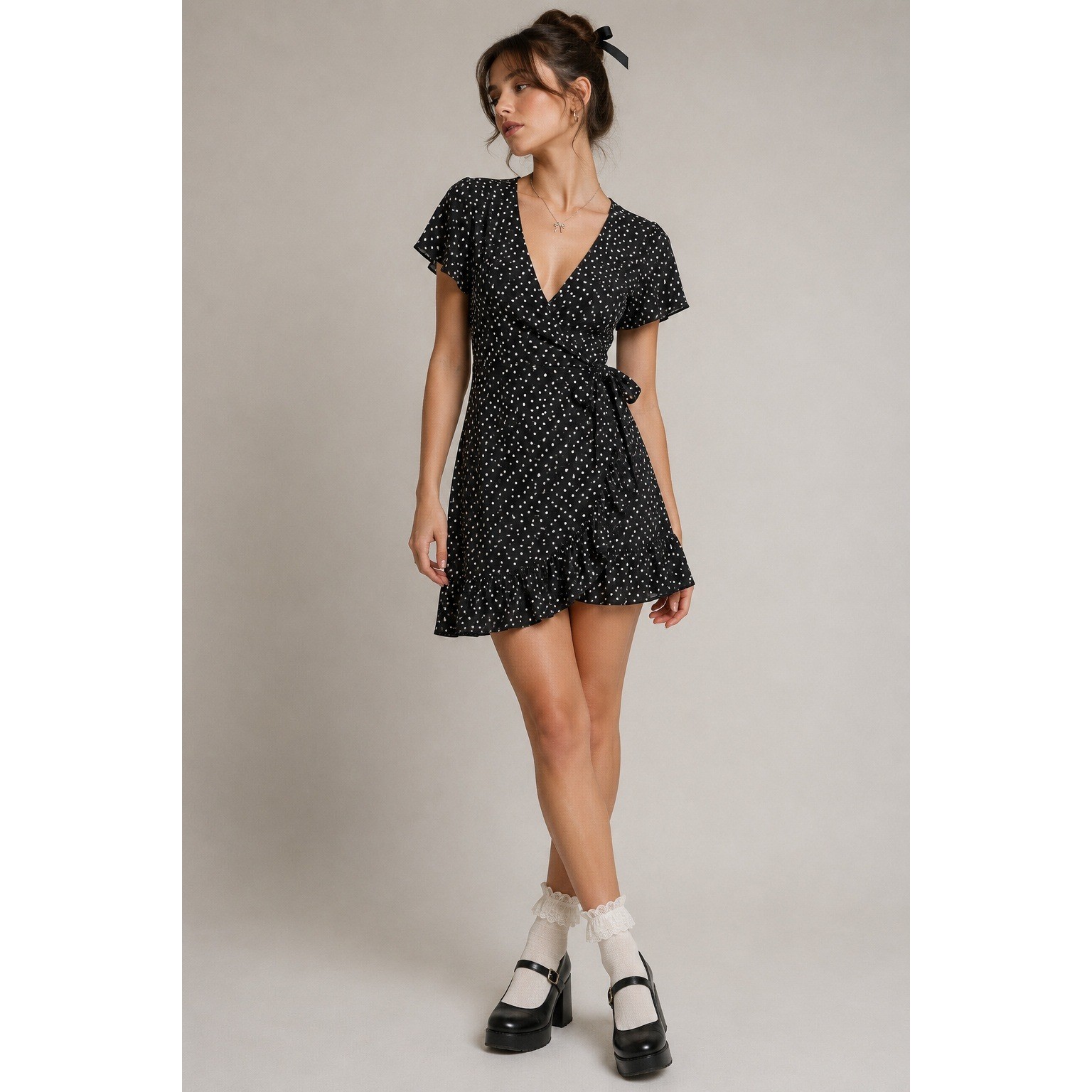 Chiffon Wrap Mini Dress S Black White Polka Dot Ruffle Retro Mod Parisian Chic