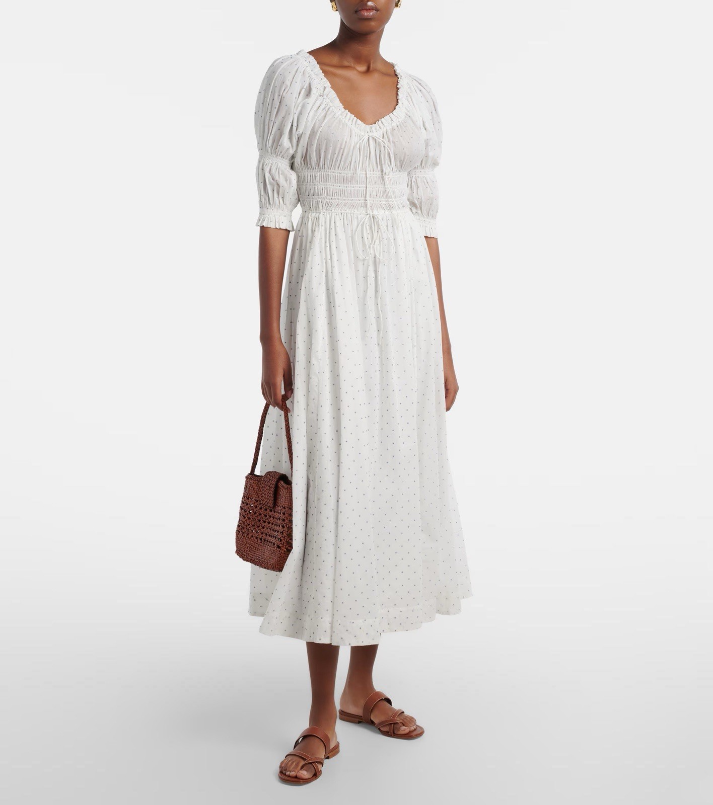 DOEN Ischia gathered polka-dot cotton midi dress Size M Orig. $405 NEW