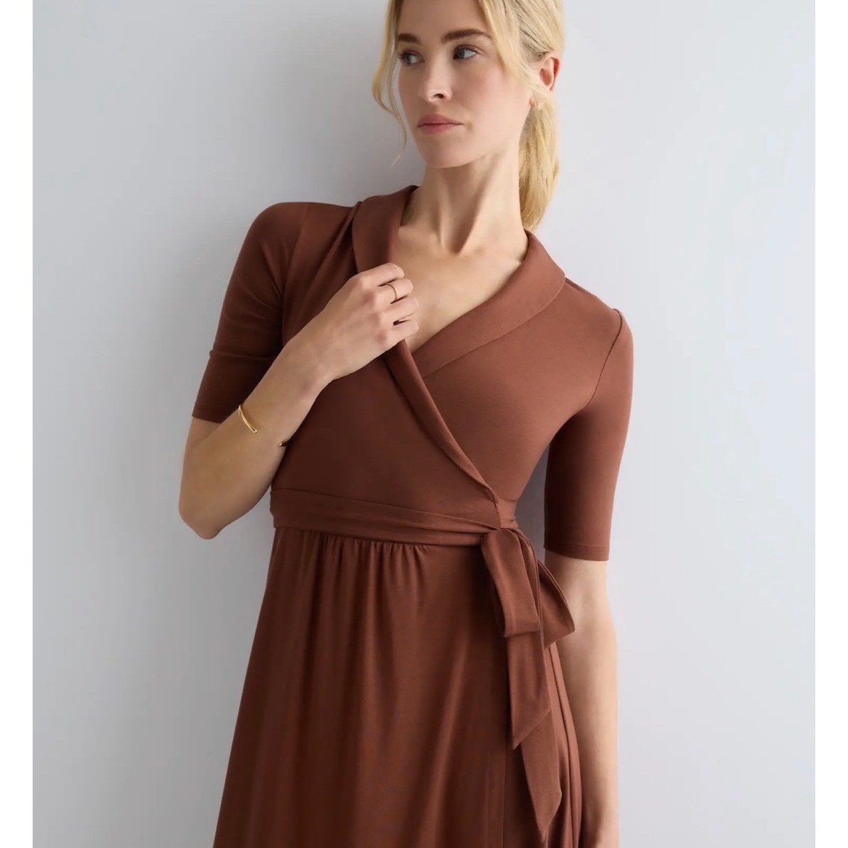 Quince Tencel Jersey Midi Wrap Dress Womens Large Brown Short Sleeve Euro Summer