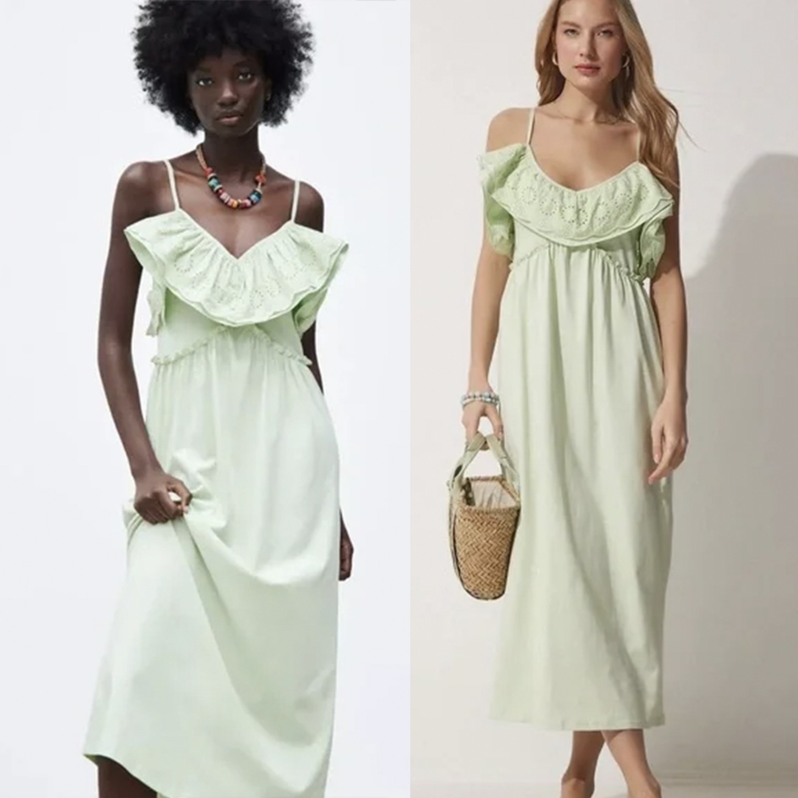 Zara Light Green Eyelet Ruffle V Neck Sleeveless Knit Midi Dress SIze L