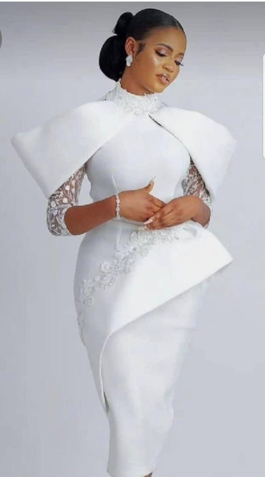 Women’s White Turkish Peplum Midi Dress Cape Sleeve Formal Church Wedding Dress