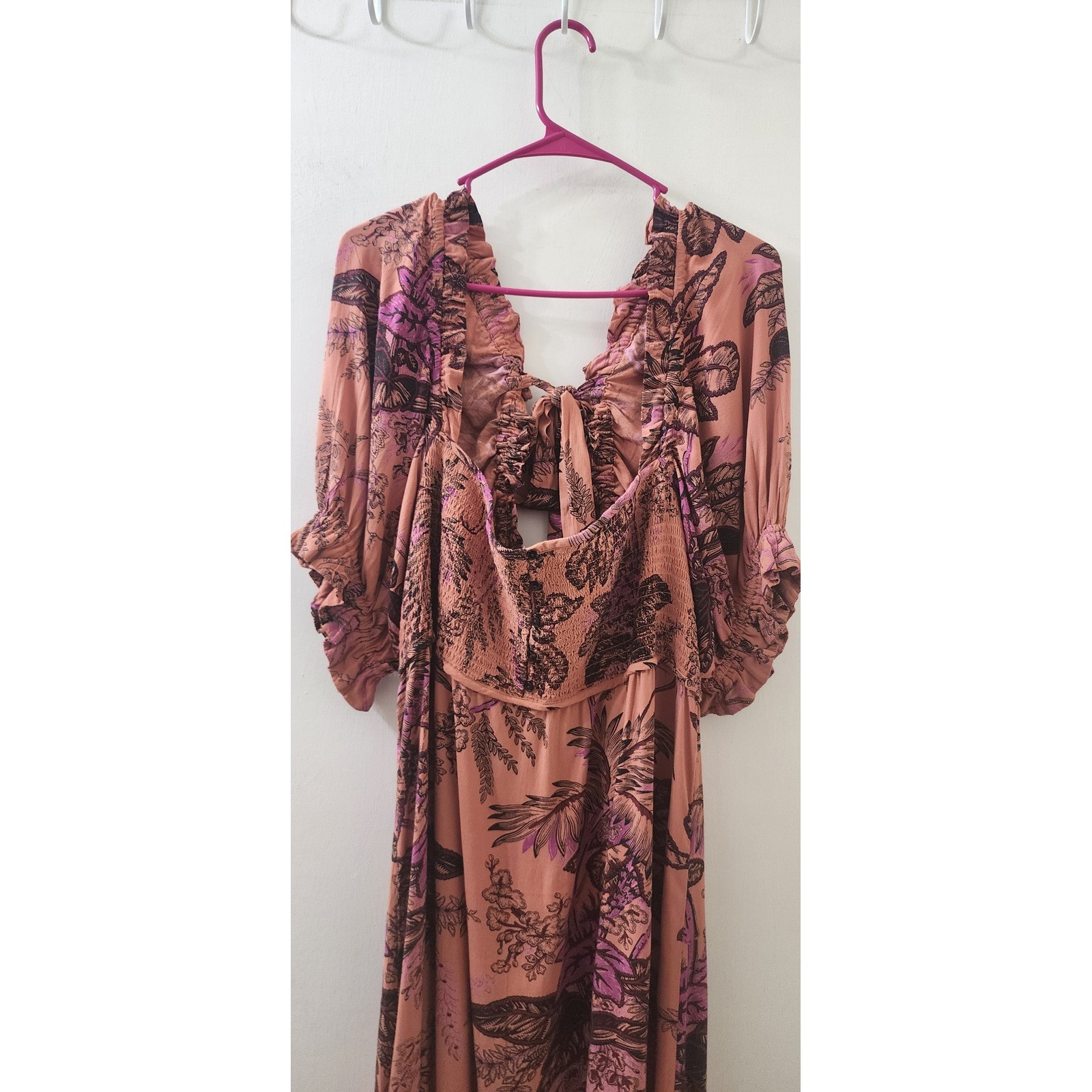 Boho Peach Botanical Butterfly Print Smocked Maxi Dress XL Ruffle Tie Back