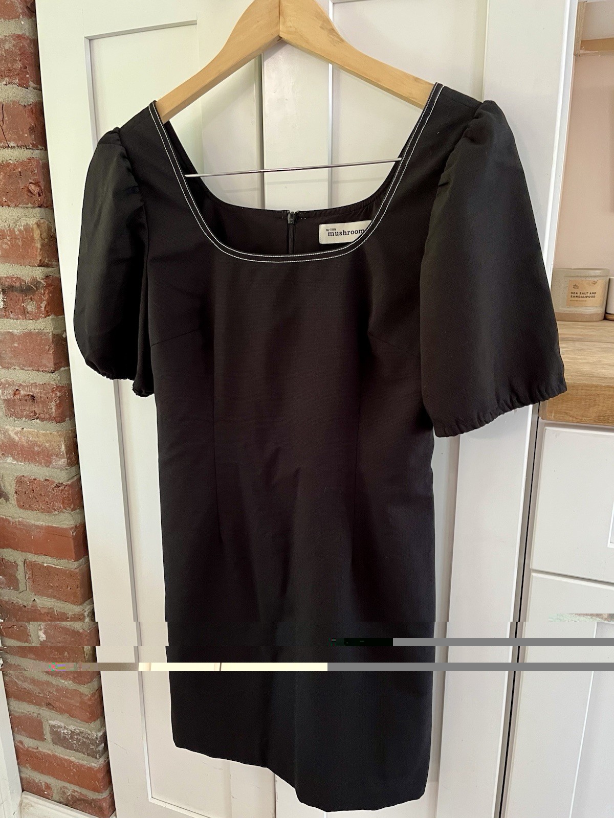 my little mushroom M Black Square Neck Puff Sleeve Satin Sheath Knee Zip rare