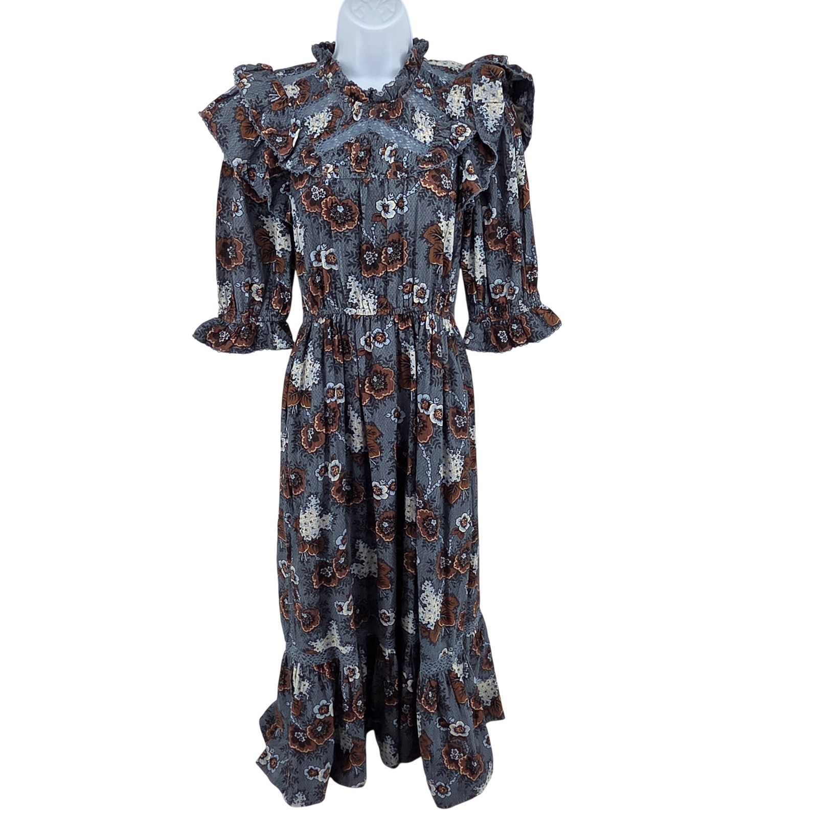 Sea New York XS Lucinda Floral Cotton Ruffle Midi Dress Blue Prairie Cottagecore