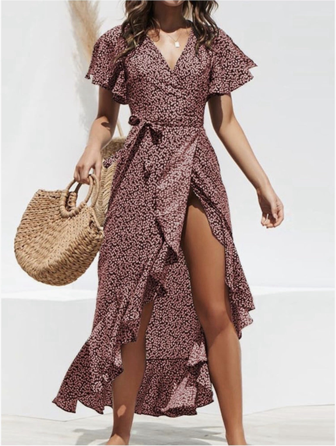 CUPSHE Women’s Summer Wrap Maxi Dress Casual Split Flared Short Sleeve Tie Waist
