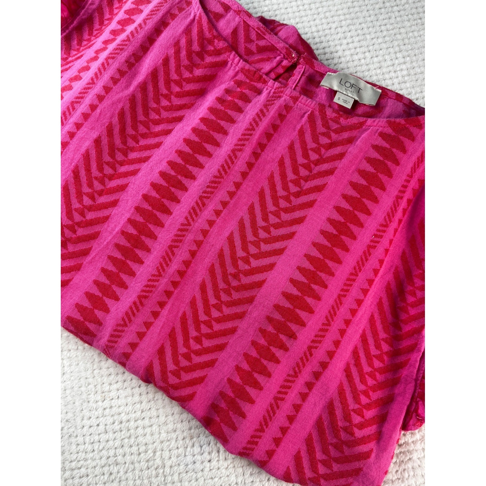 Loft Outlet Pink Red Geometric Chevron Tiered Mini Dress Ruffle Sleeve Small