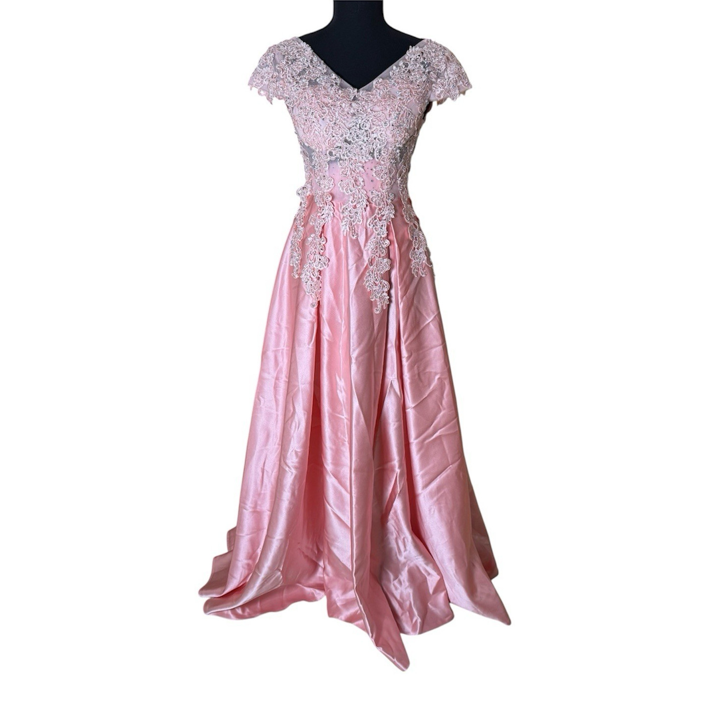 Pink Satin Lace V-Neck Cap Sleeve Long Formal Gown Corset Lace-Up