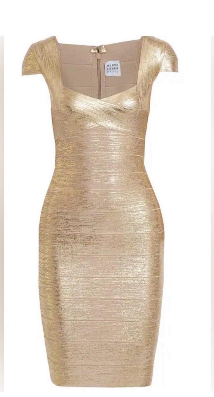 Herve Leger Gold Foil Bandage Bodycon Sheath Sweetheart Dress, Women’s M