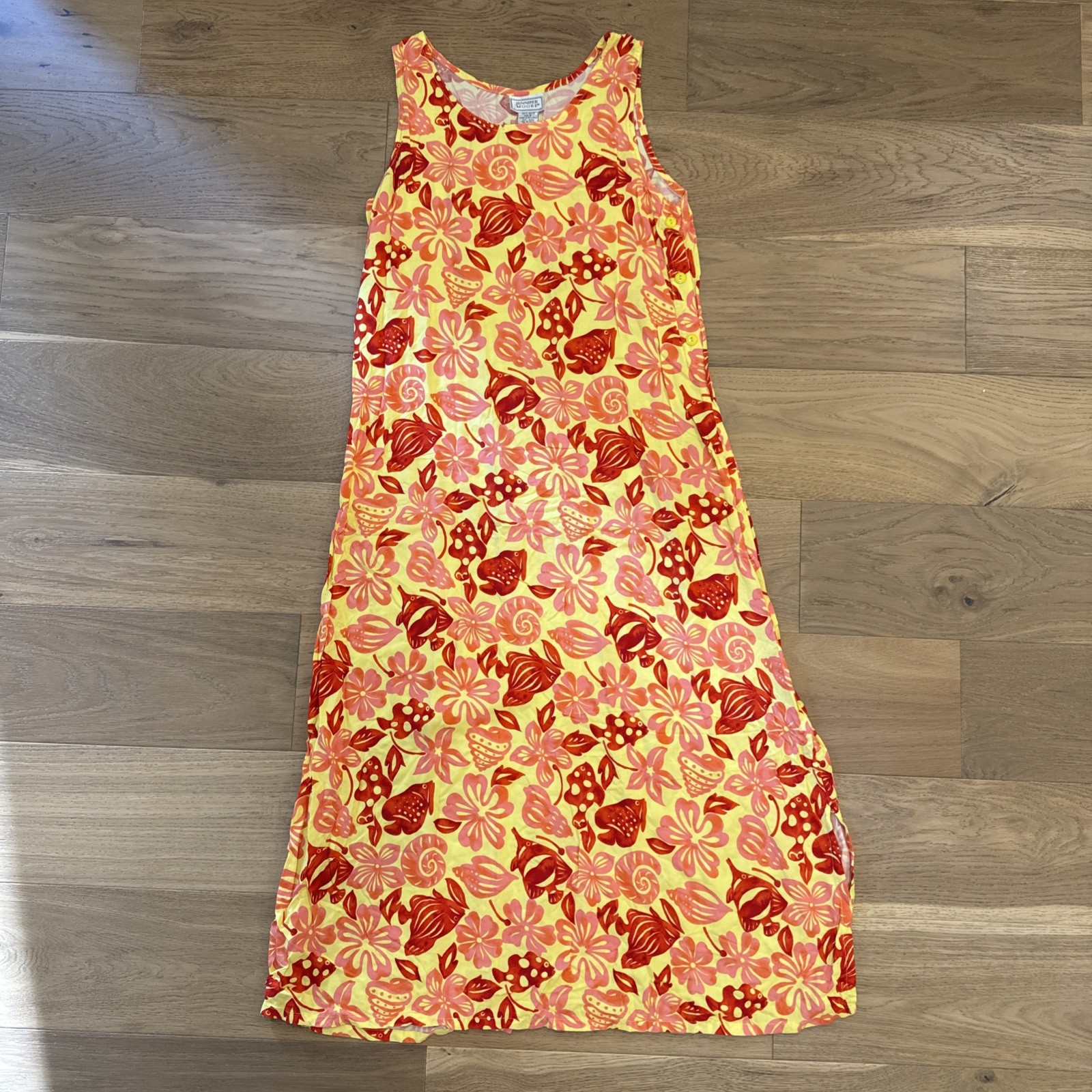 Vintage Jennifer Moore Maxi Dress S Tropical Fish Floral Hawaiian Side Button