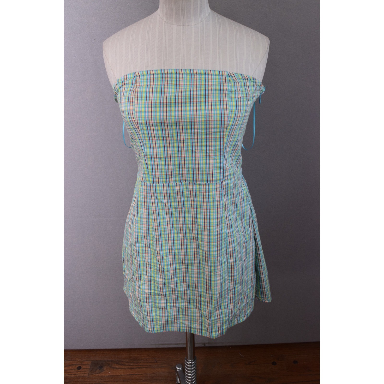 BDG Strapless Mini Dress Small Blue Yellow Plaid Smocked Back Women New Urban