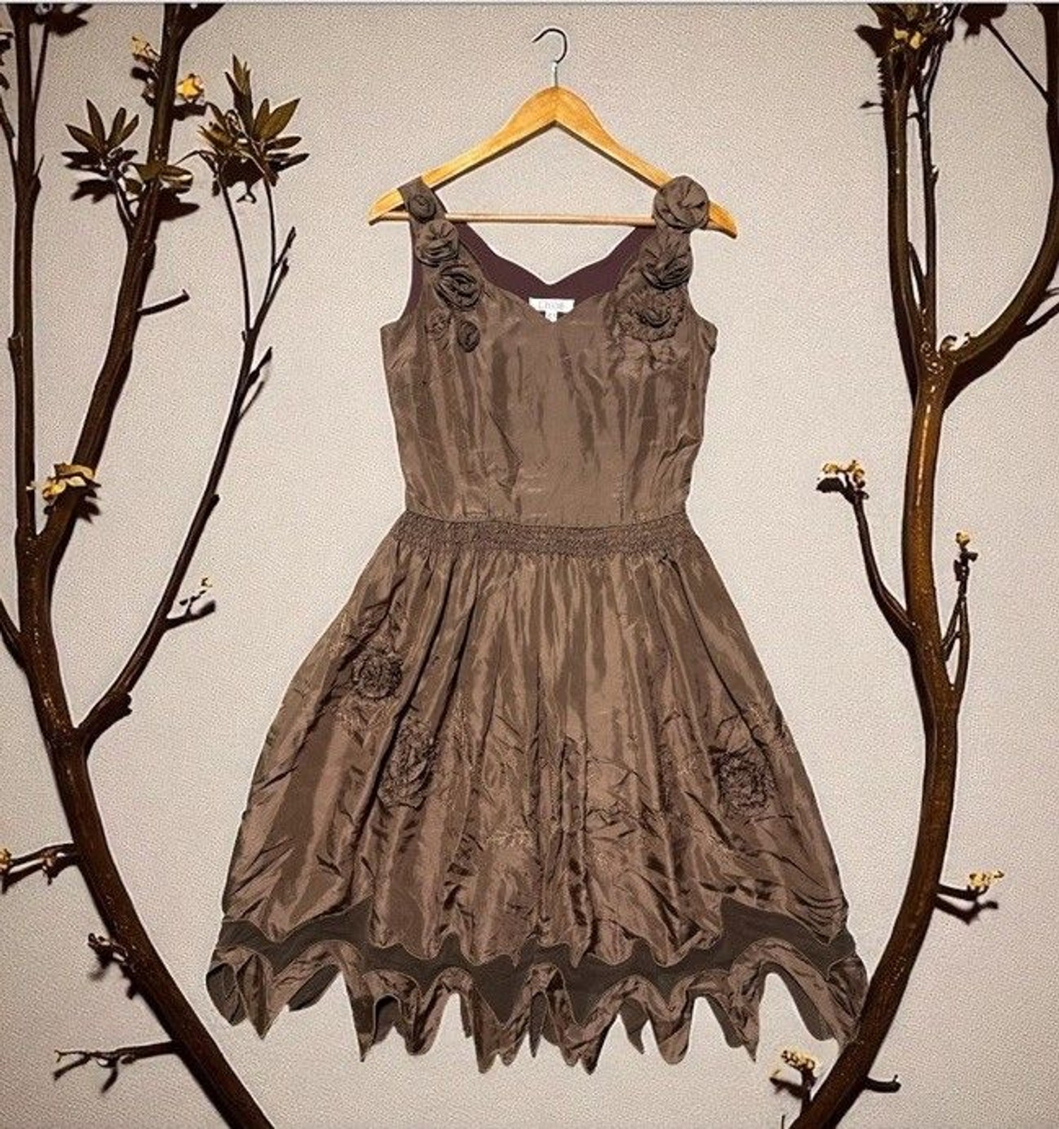 Chloe Silk Rosette Dress EU 38 US 4 Brown Fit Flare Designer Fairy Cocktail