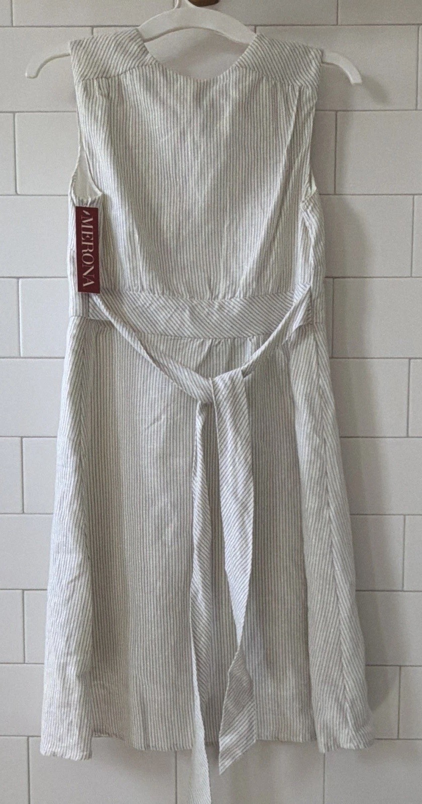 Merona White/Gray Striped Sleeveless V-Neck Sheath linen lined Dress w ties 2