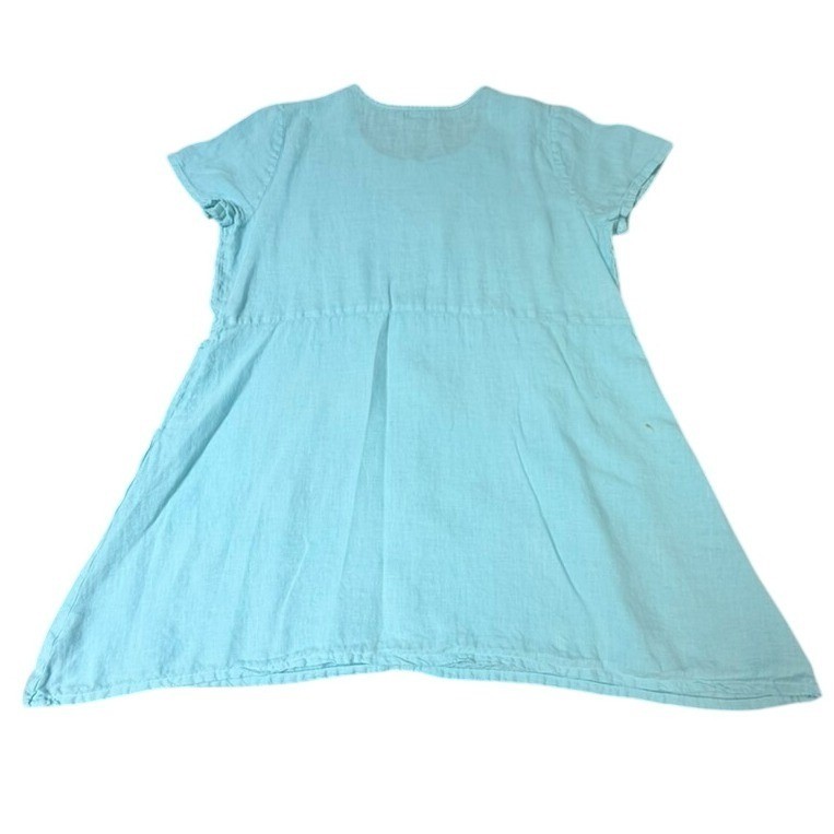 Fenini Tunic Dress Womens L Aqua Blue Linen Short Sleeve Empire Waist Lagenlook