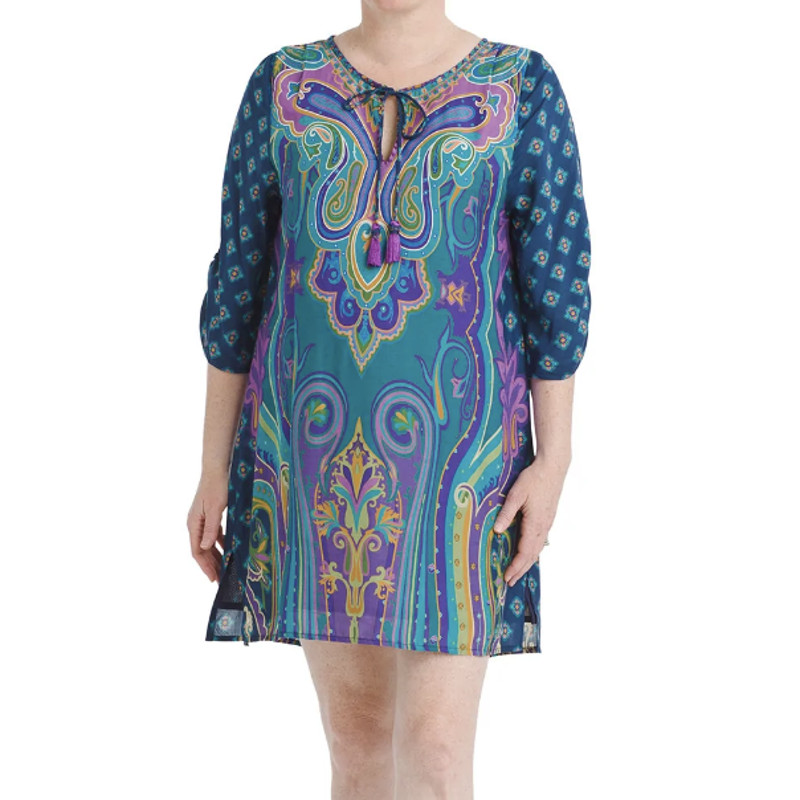 Tolani blue Electric Paisley Shift Dress with tassle half-sleeve, 1X