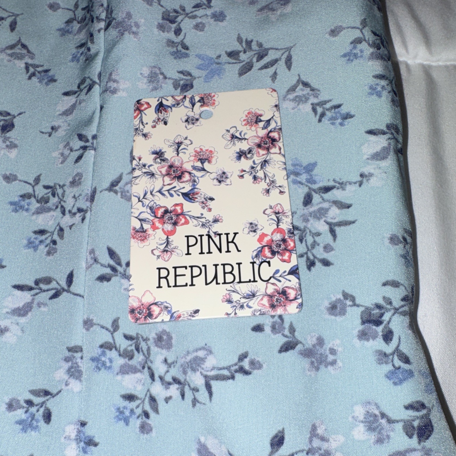 Pink Republic Women’s Blue Floral A-Line Dress XL Scoop Neck Puff Sleeve Tie