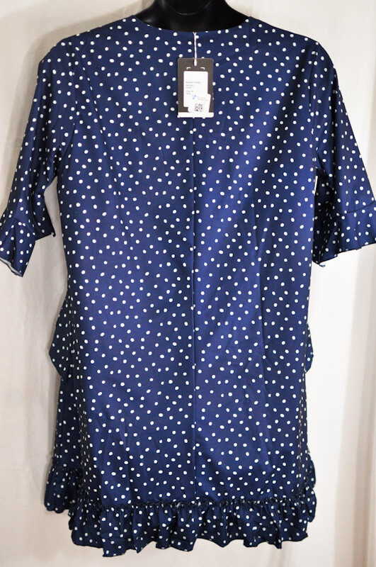 women’s Cherfly blue dotted swing dress ruffles sizes X large short slvs v neck