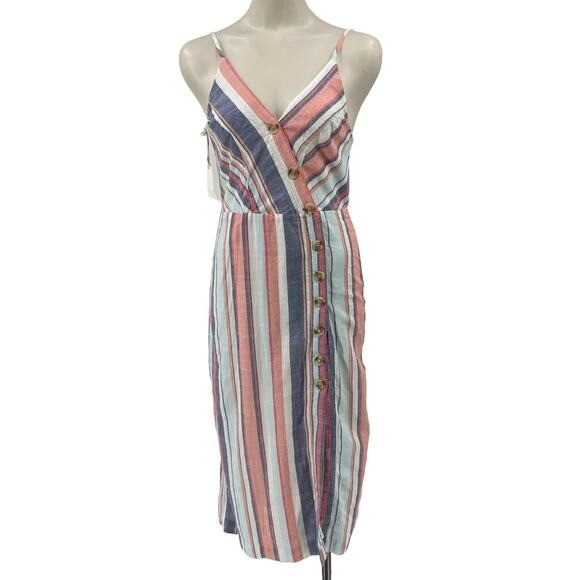 cSmall Striped Midi Sundress Button Front Boho NWT Smocked