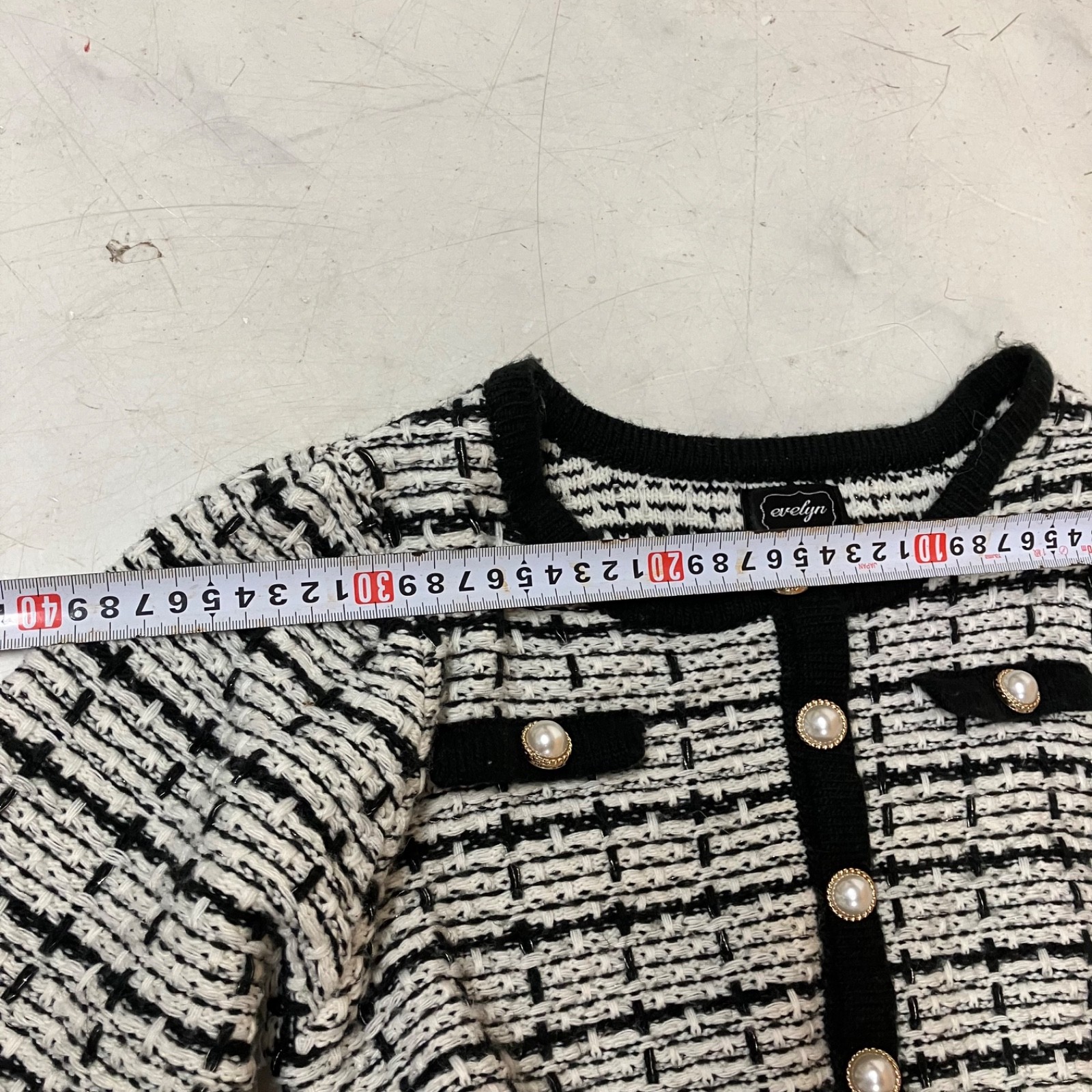 Evelyn Tweed Style Knit Dress Pearl Button Black White Long Sleeve Used