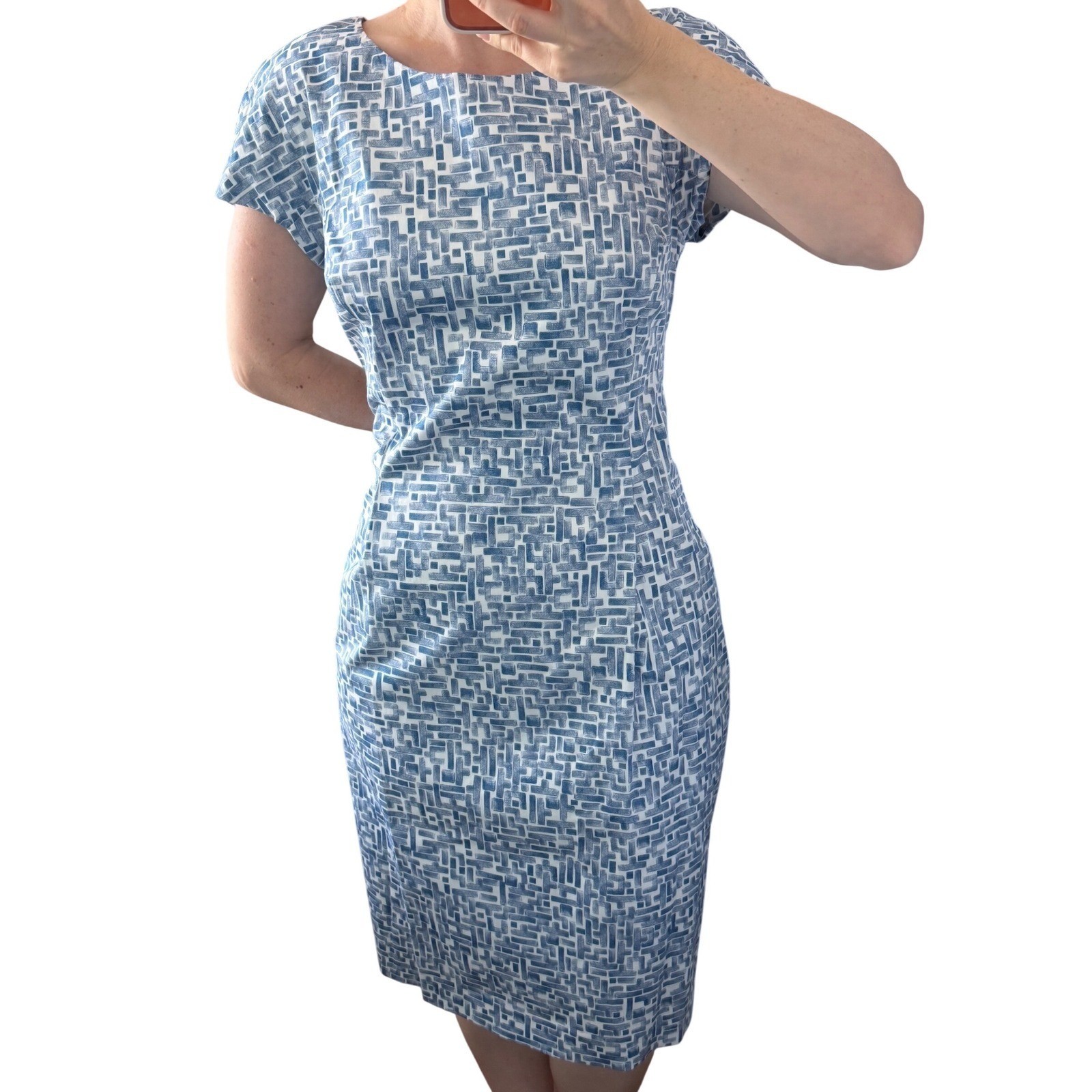 Peserico Blue White Geometric Cap Sleeve Sheath Dress Luxury IT 52 US 16 Italy