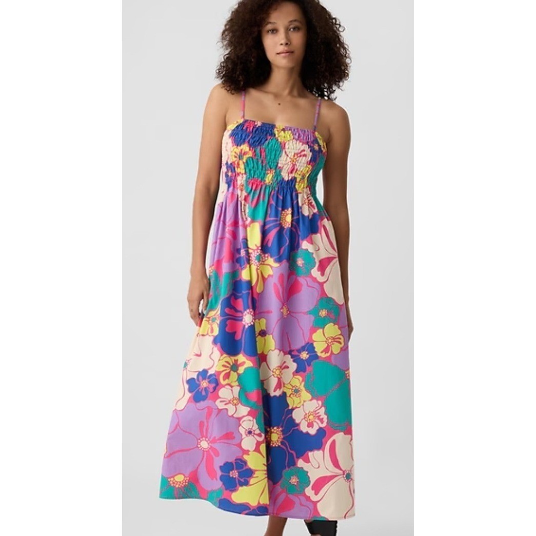 GAP Smocked Top Maxi Dress M Multi Floral Cotton Cottage Boho Chic Retro Beachy